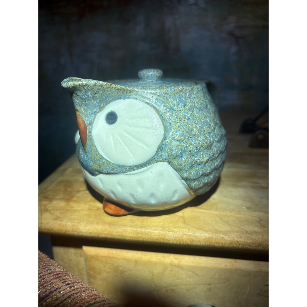 Kotobuki Japan Ceramic Owl Teapot and Salt & Pepper Shakers Set Blue Speckle